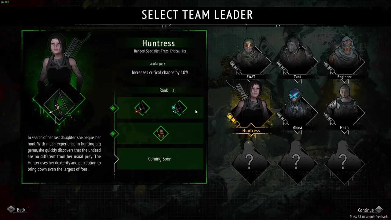 Yet Another Zombie Survivors Huntress unlock / intro framing